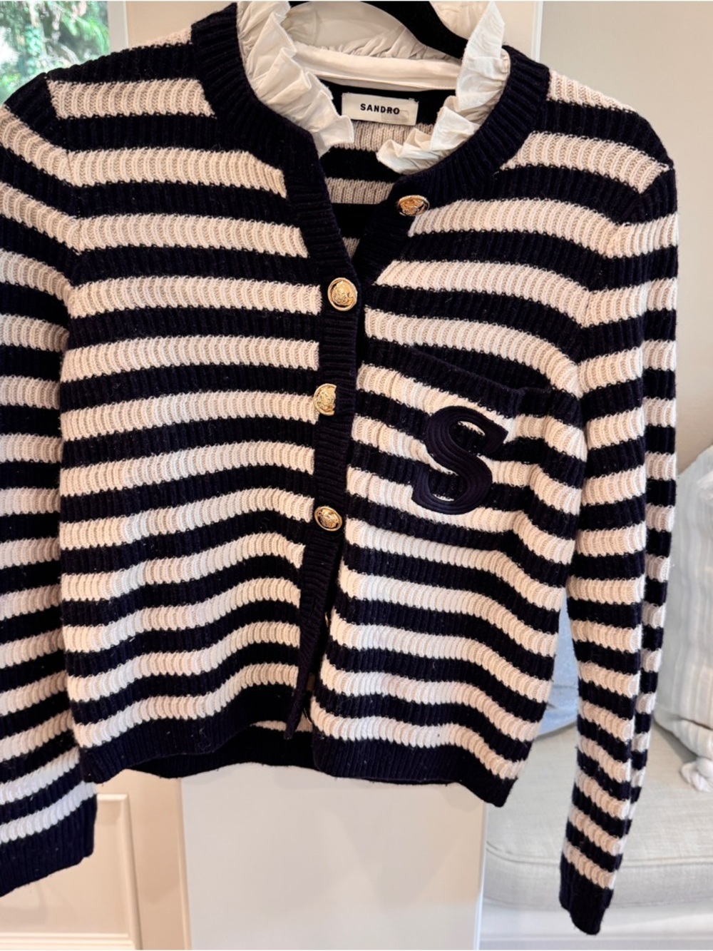 Sandro Navy and Cream Striped Knit Cardigan with Gold Buttons